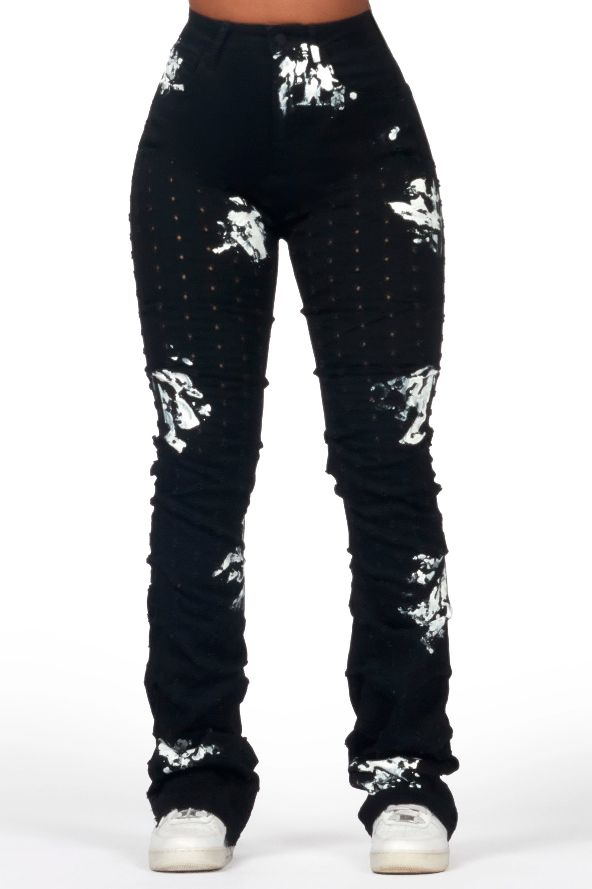 Sheriece Black Painted Stacked Flare Jean