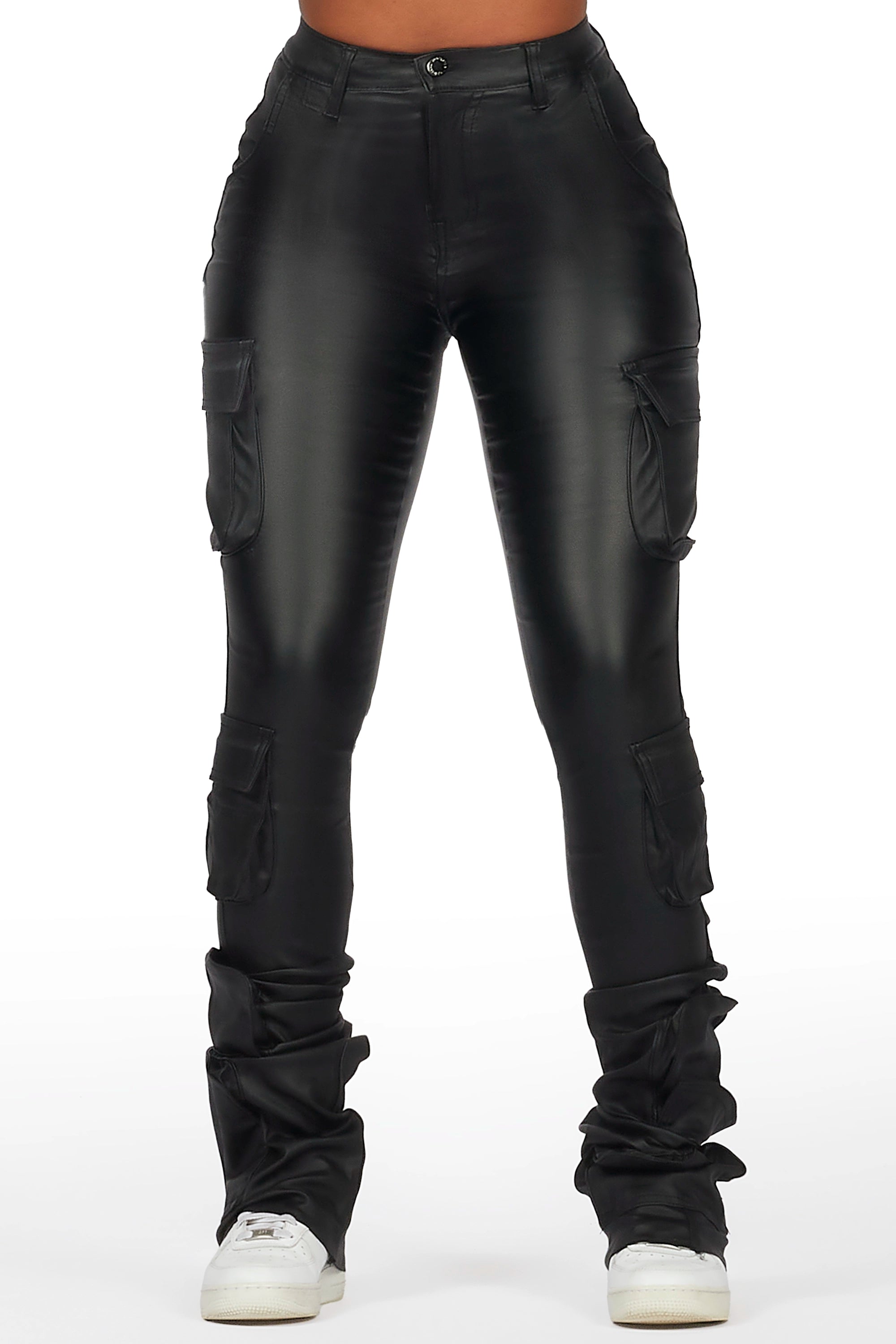 Miracle Black PU Cargo Super Stacked Pant Streetwear Style for 