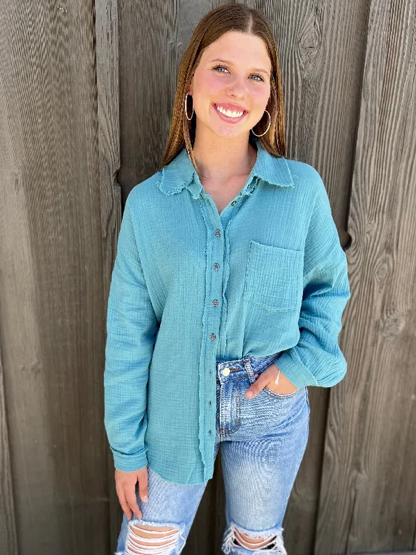 In Her Teal Gaze Top Vintage Women's 1970S 