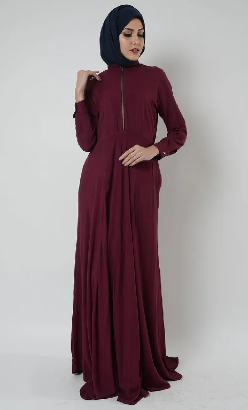 Short collar and zipper detail basic abaya dress