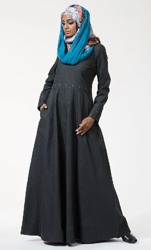 Metallic eyelets detail flared abaya dress