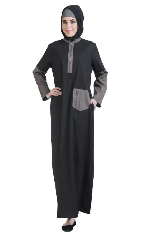 Color block metallic zipper detail abaya dress