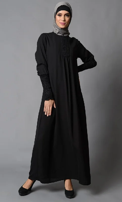 Smocking Detail Sleeves And Neckline Abaya Dress Confident Women's Power