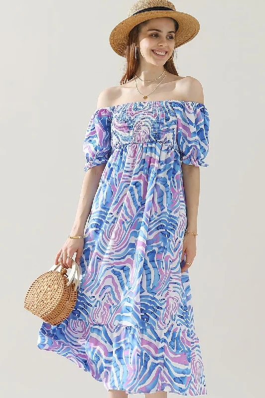 MABLE PATTERN OFF SHOULDER FLARE MAXI DRESS