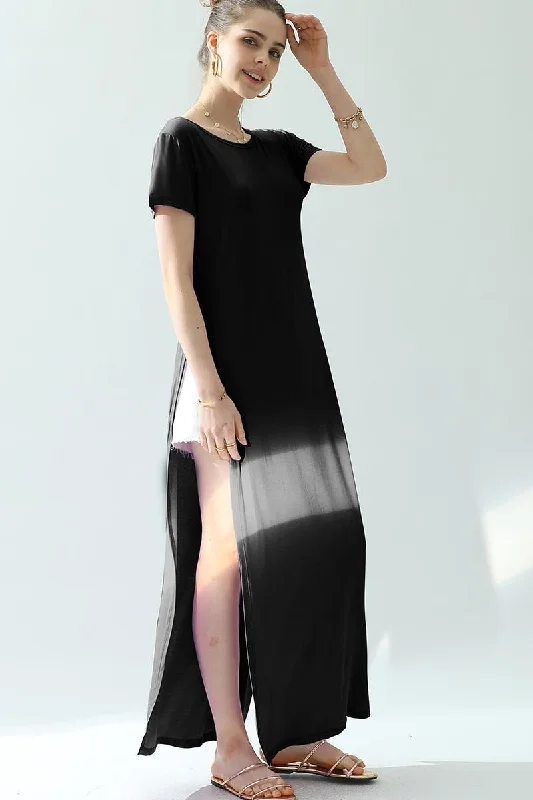 ROUND NECK SHORT SLEEVE LONG DRESS WITH SLIT Vacation