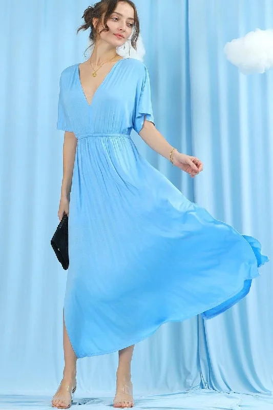 V NECK SHORT SLEEVE BACK BOW TIE EMPIRE MAXI DRESS performance