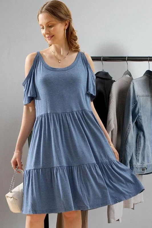 SHORT SLEEVE CUT OUT SHOULDER MIDI DRESS