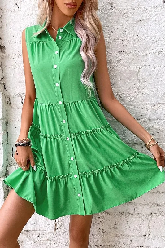 WRINKLED SLEEVELESS BUTTON UP COLLAR DRESS