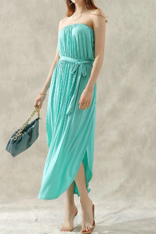 OFF SHOULDER TUBE TOP MAXI DRESS WITH WAIST STRAP