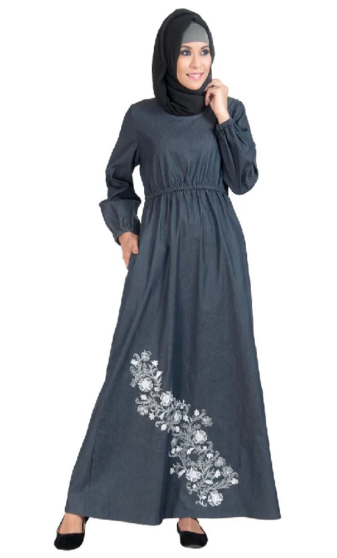 Floral embroidered fit and flared arabian abaya dress