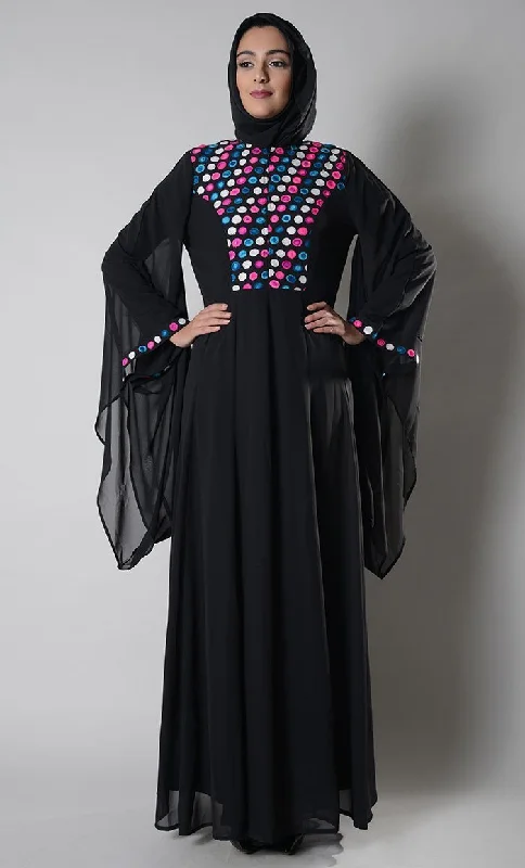 Dotted embroidered trumpet sleeves abaya dress