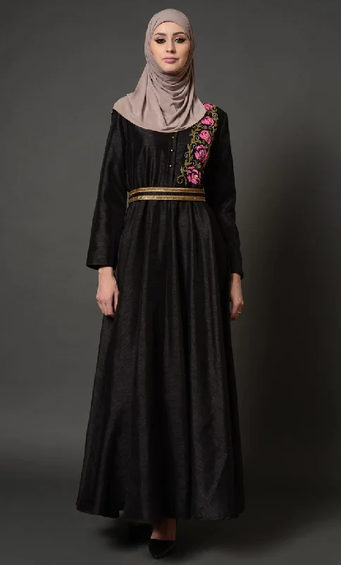 Floral Embroidered And Gold Lace Waistband Abaya Dress Australian Beach