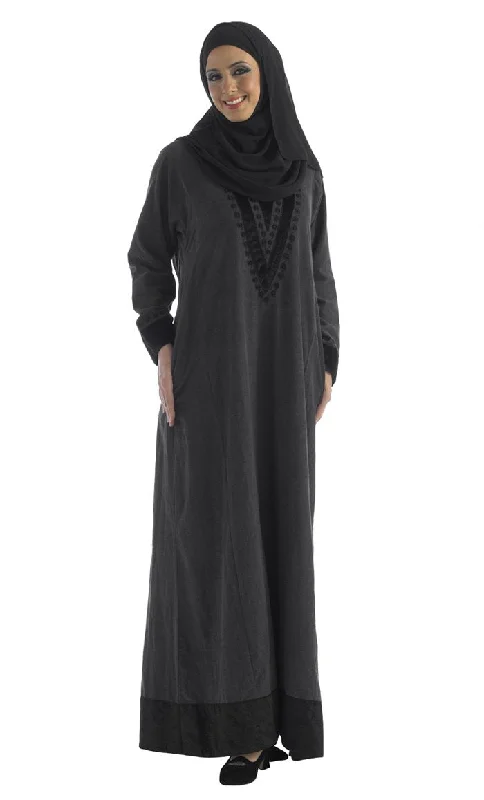 Black Thread Embroidered A Line Abaya Dress