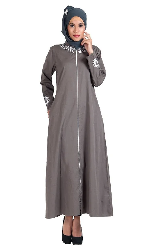 Grey Cotton Twill Full Zipper Front Open Abaya/ Jilbab Dress