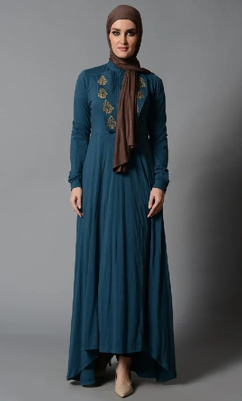 High -Low Cotton Jersey Abaya with Embroidery & Flap Details Monochromatic All - in - one