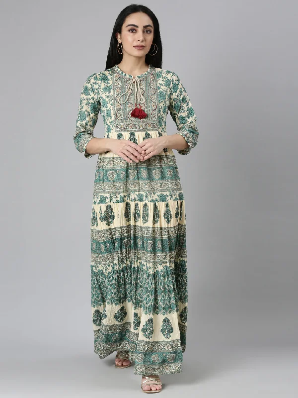 Neerus Green Flared Casual Floral Maxi Dresses