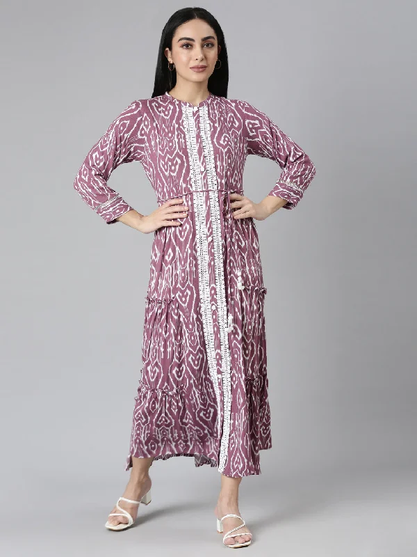 Neerus Purple Flared Casual Ethnic Motifs Maxi Dresses Edgy Women's Punk