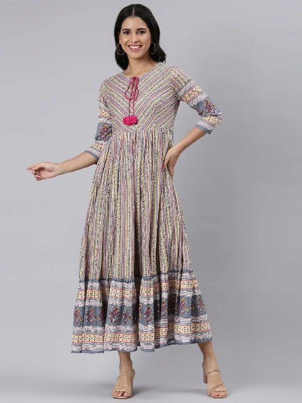 Neerus Yellow Curved Casual Ethnic Motifs Maxi Dresses Traditional Women's 