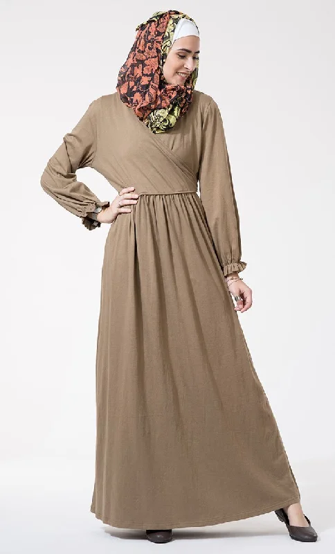 Wrap around and ruffled edged seeves detail abaya dress