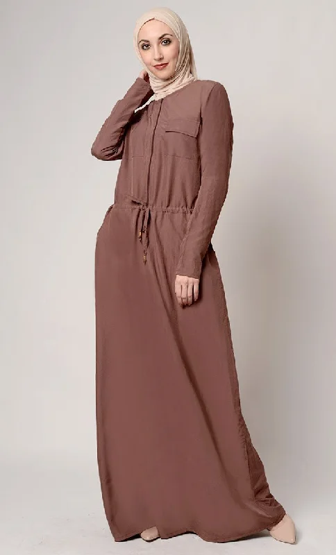 Slip On Drawstring And Zipper Detail Abaya Dress Laid - back Women's Style