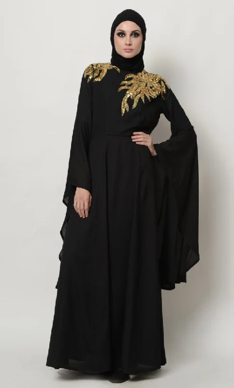 Sequins And Beads Embellished Trumpet Sleeves Abaya Dress Country