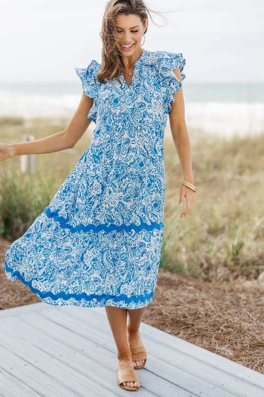 Sweet New Day Blue Paisley Rickrack Midi Dress