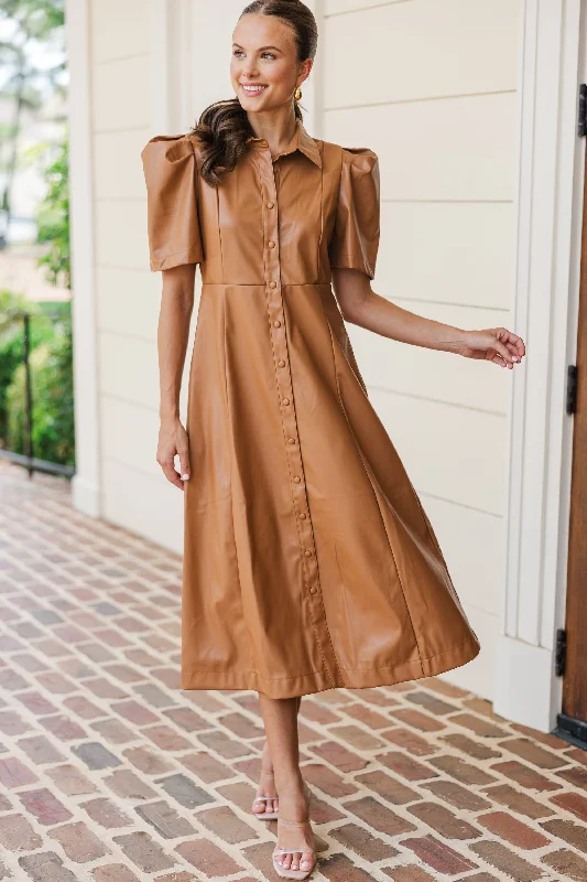 Take It As It Is Camel Brown Faux Leather Midi Dress