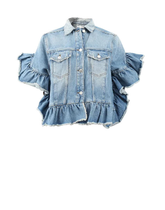 Ruffle Sleeve Denim Jacket Stylish Women's Neon