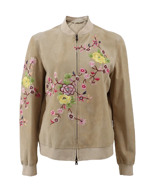 Suede Floral Embroidered Bomber Sporty Women's Tennis