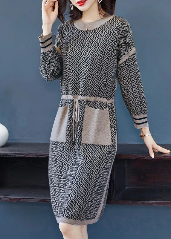 Camel Patchwork Long Knit Dress Pockets Tie Waist Long Sleeve