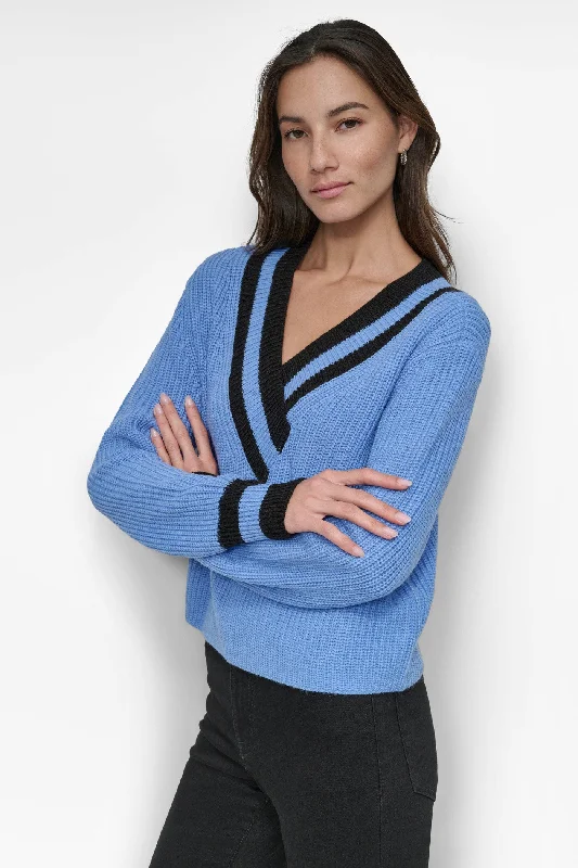 VARSITY V NECK RELAXED SWEATER