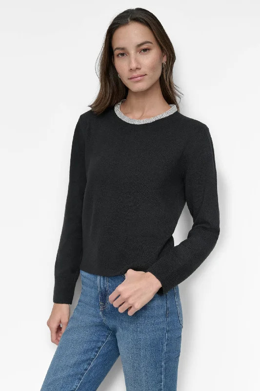 CREW NECK WITH RHINESTONE TRIM AT NECK