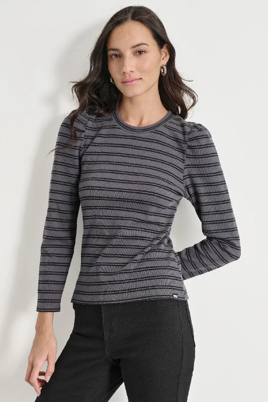 PUFF SLEEVE STRIPED CREW NECK TOP