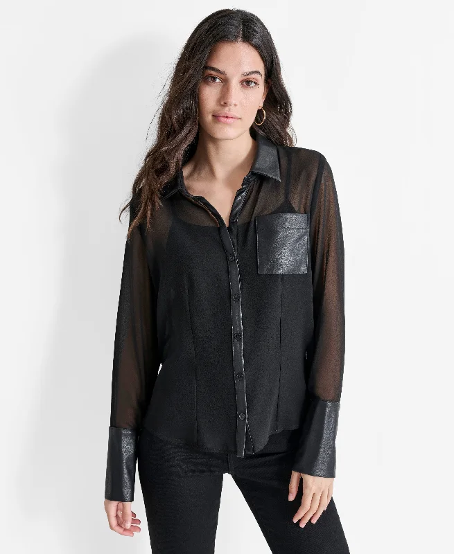 BUTTON FRONT SHIRT WITH FAUX LEATHER COLLAR