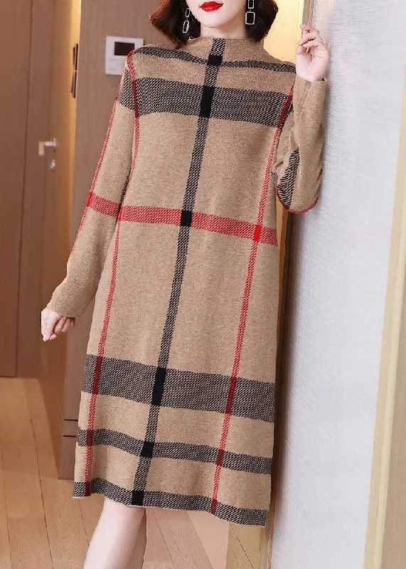 Light Camel Print Knit Sweater Dress High Neck Winter