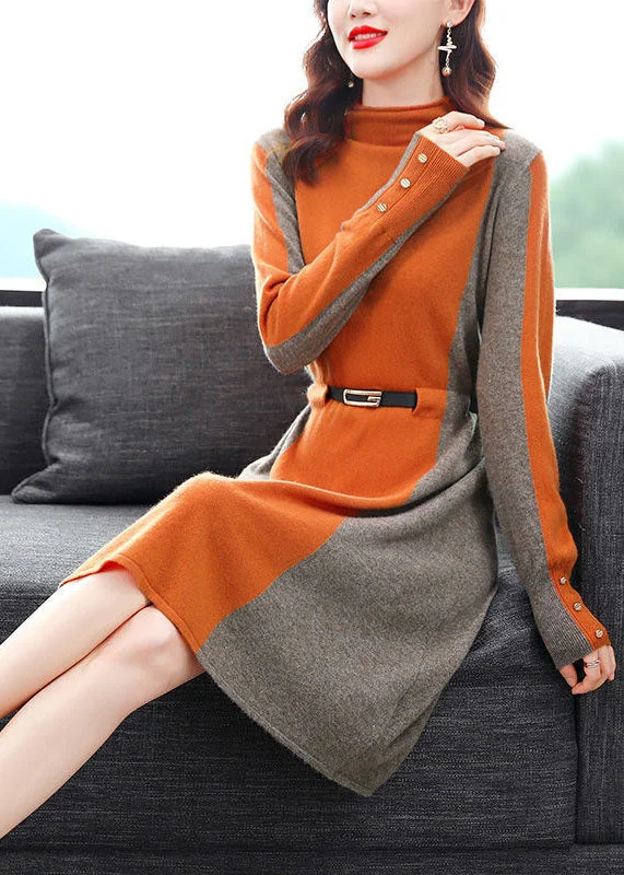 Stylish Orange High Neck Patchwork Knit Cinch Sweater Dress Winter